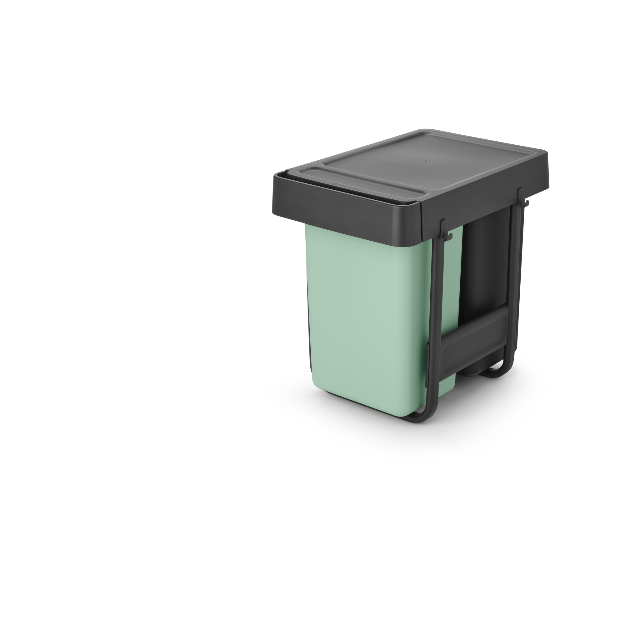 A light green trash can with a black lid and frame, set against a white background.