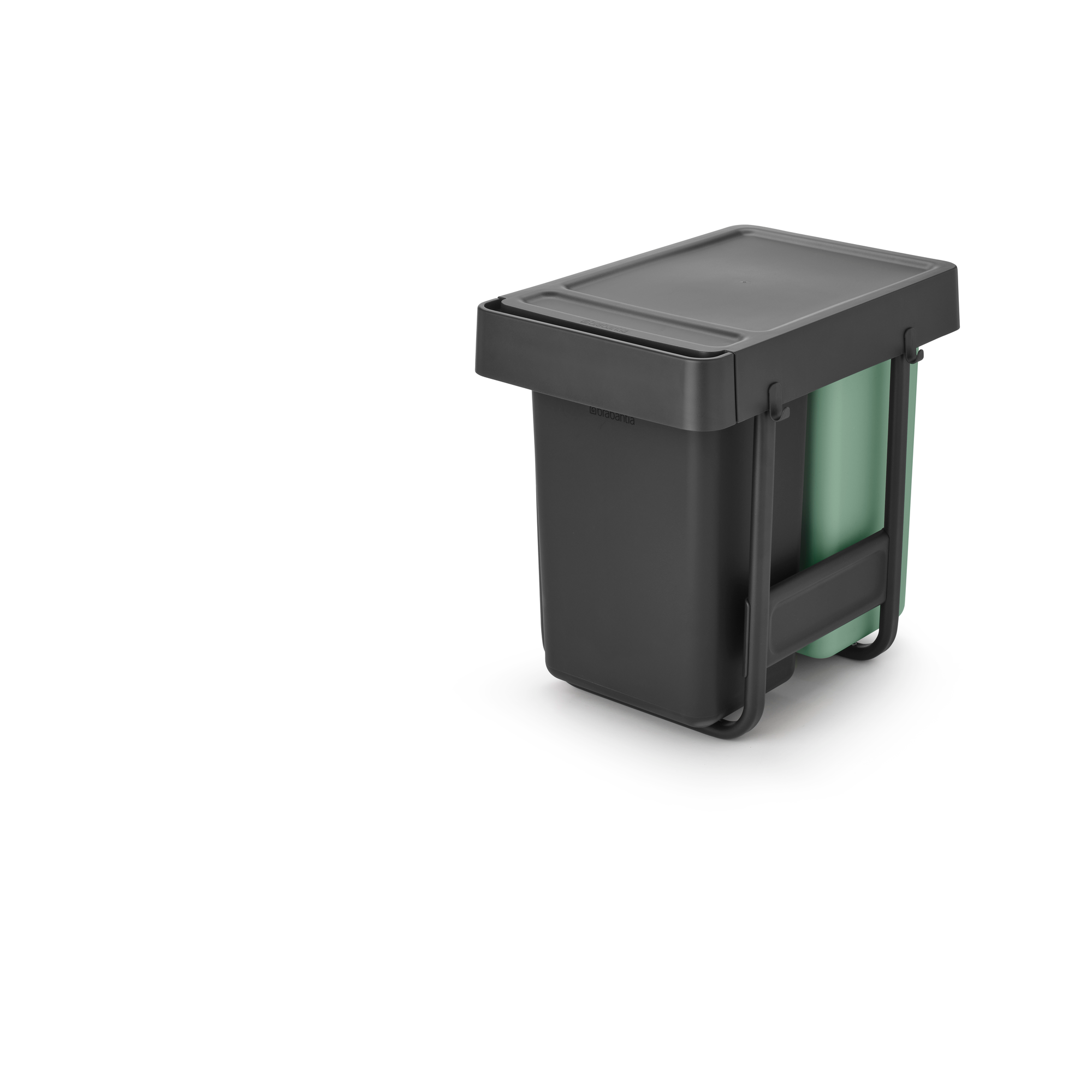 A black and green Brabantia bin with a flat lid and a handle.