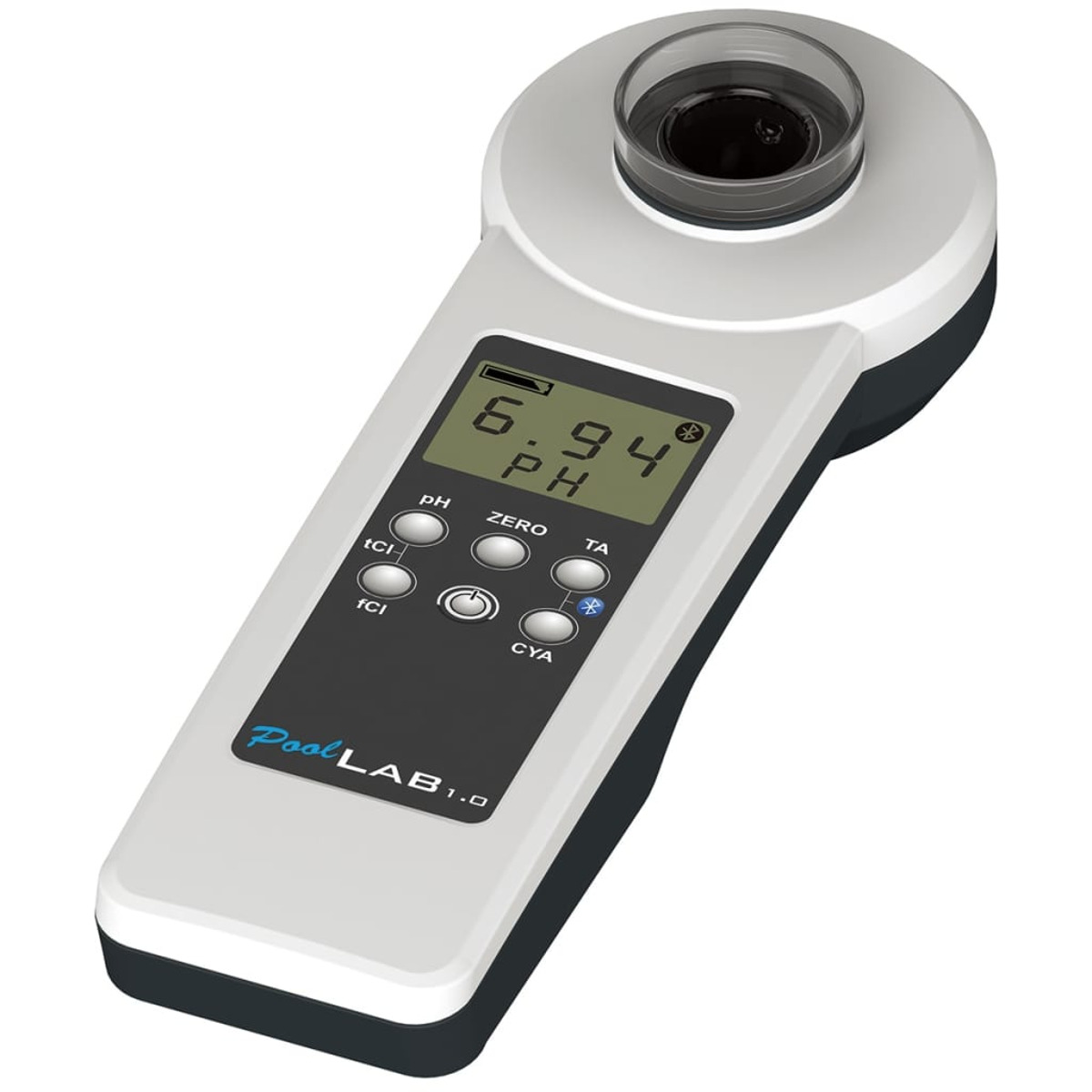 Un dispositivo de prueba digital para piscinas con una pantalla que muestra pH 6,94.