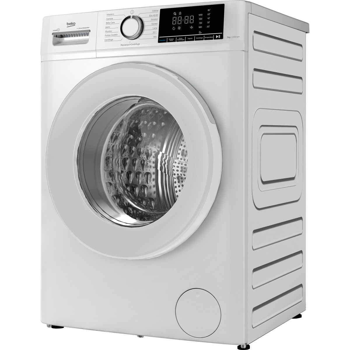 Una lavatrice Beko bianca con oblò argentato e pannello di controllo digitale.