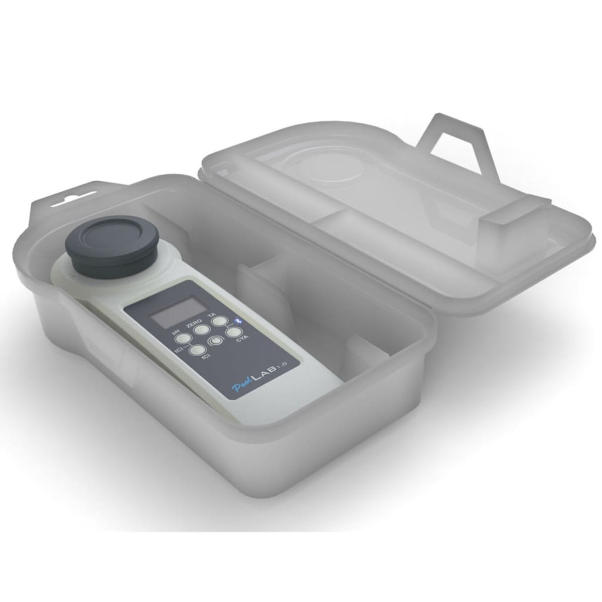 Un analizador de piscina con pantalla digital y botones en un estuche transparente.
