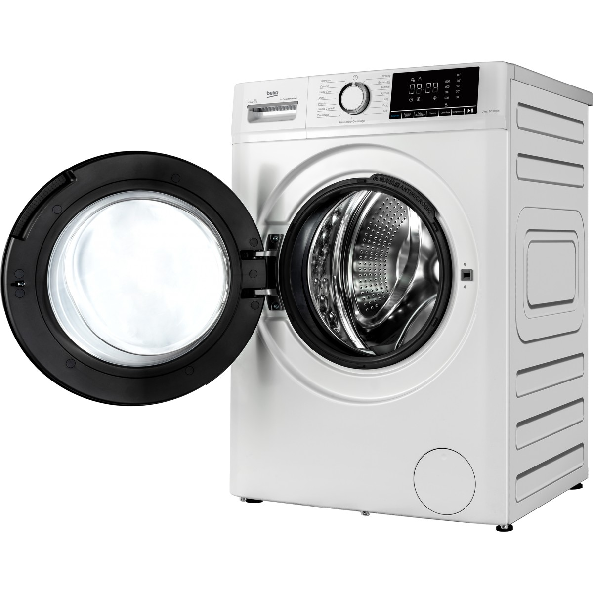 Una lavatrice Beko bianca con lo sportello nero aperto, che rivela il cestello.