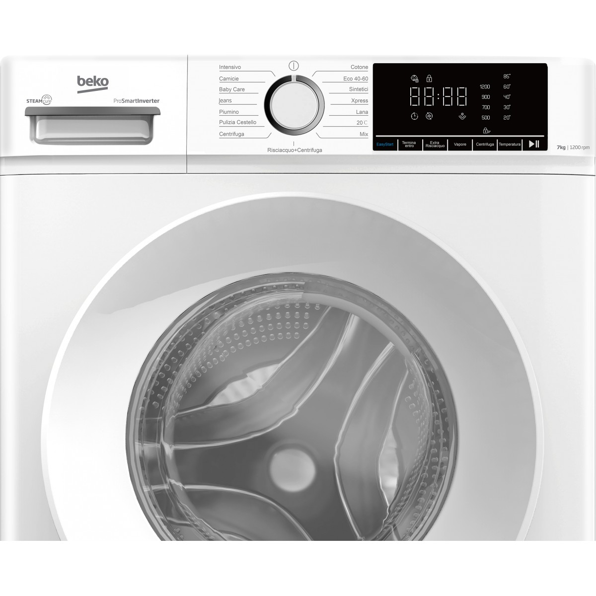 Una lavatrice Beko bianca con display digitale e cestello.