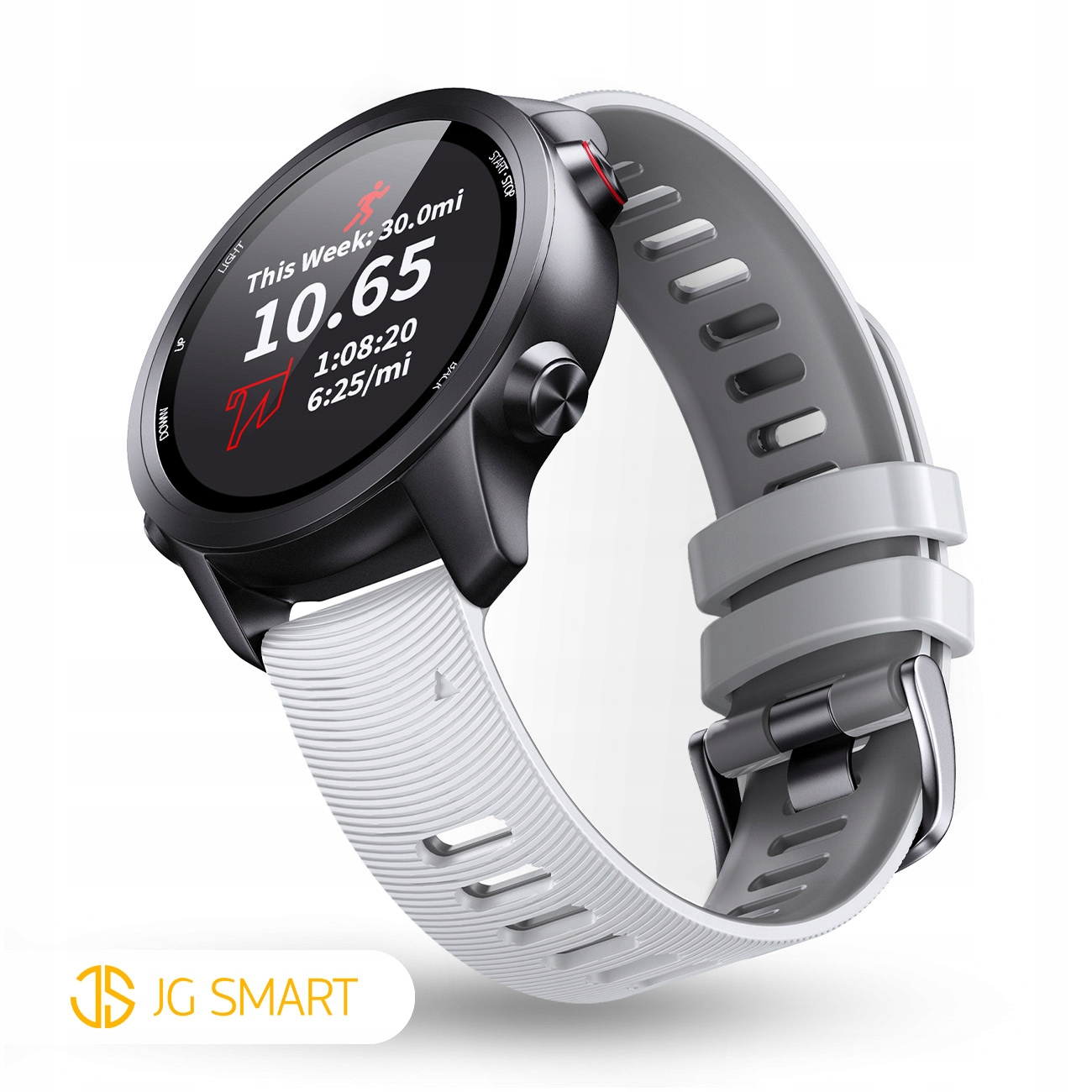 Szaro-biały smartwatch z czarną obudową i wyświetlaczem pokazującym statystyki.
