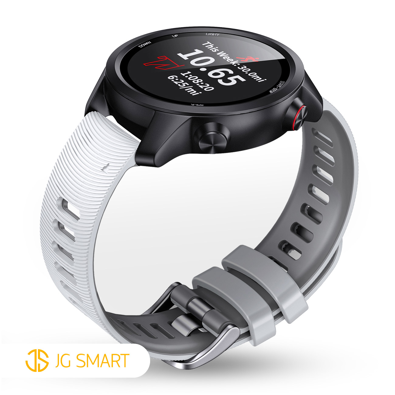 Czarny smartwatch z białym i szarym paskiem wyświetla dane treningowe.