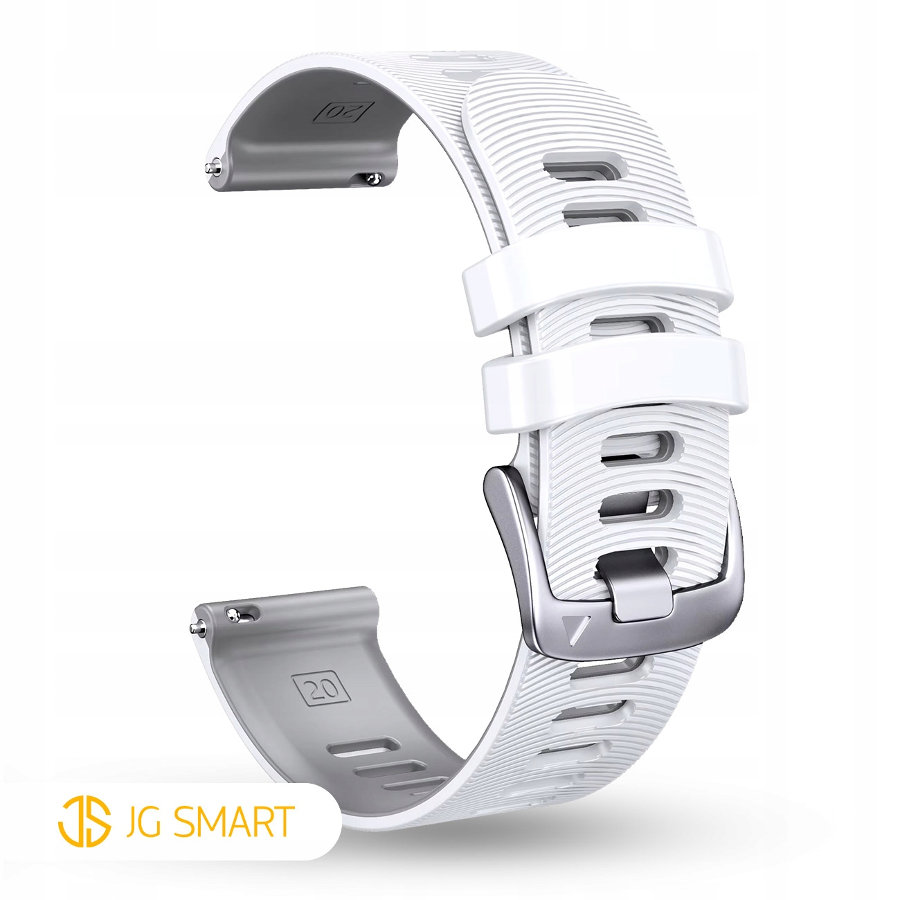 Biała gumowa bransoleta do smartwatcha z metalową klamrą i uchwytami.