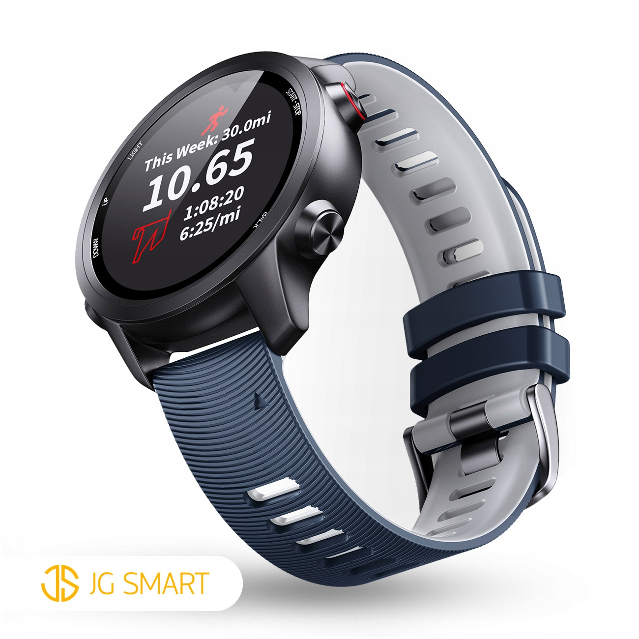 Szary smartwatch z niebiesko-szarym paskiem wyświetla dane fitness.