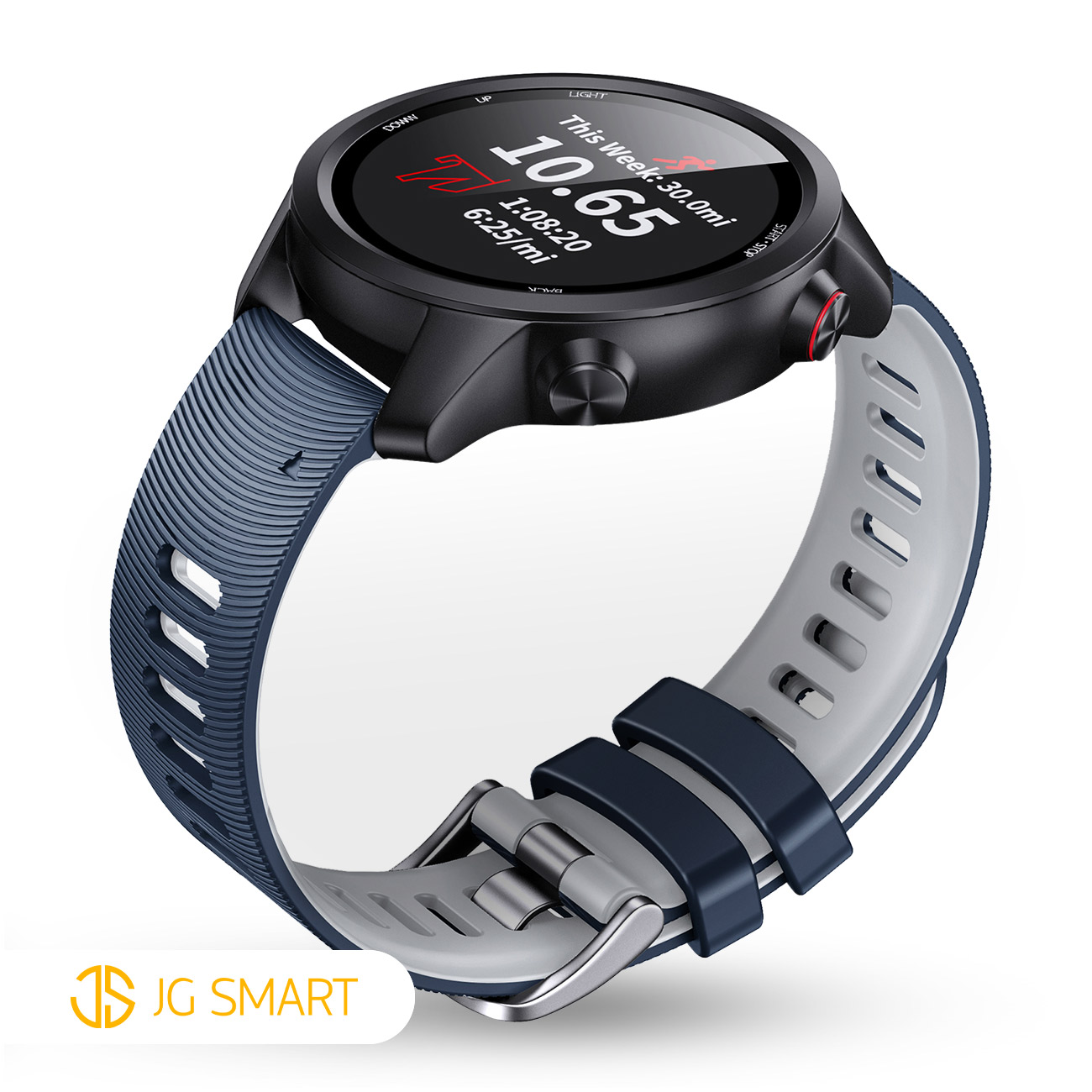 Czarny smartwatch z niebiesko-szarym paskiem wyświetla dane treningowe.