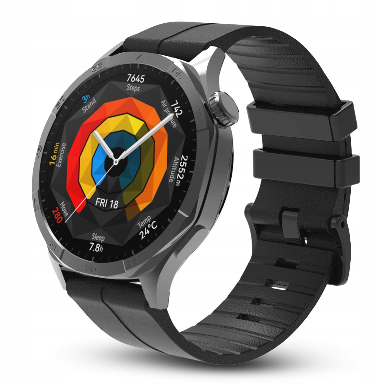Smartwatch z czarnym skórzanym paskiem wyświetla dane zdrowotne: kroki, sen, ćwiczenia, wysokość.