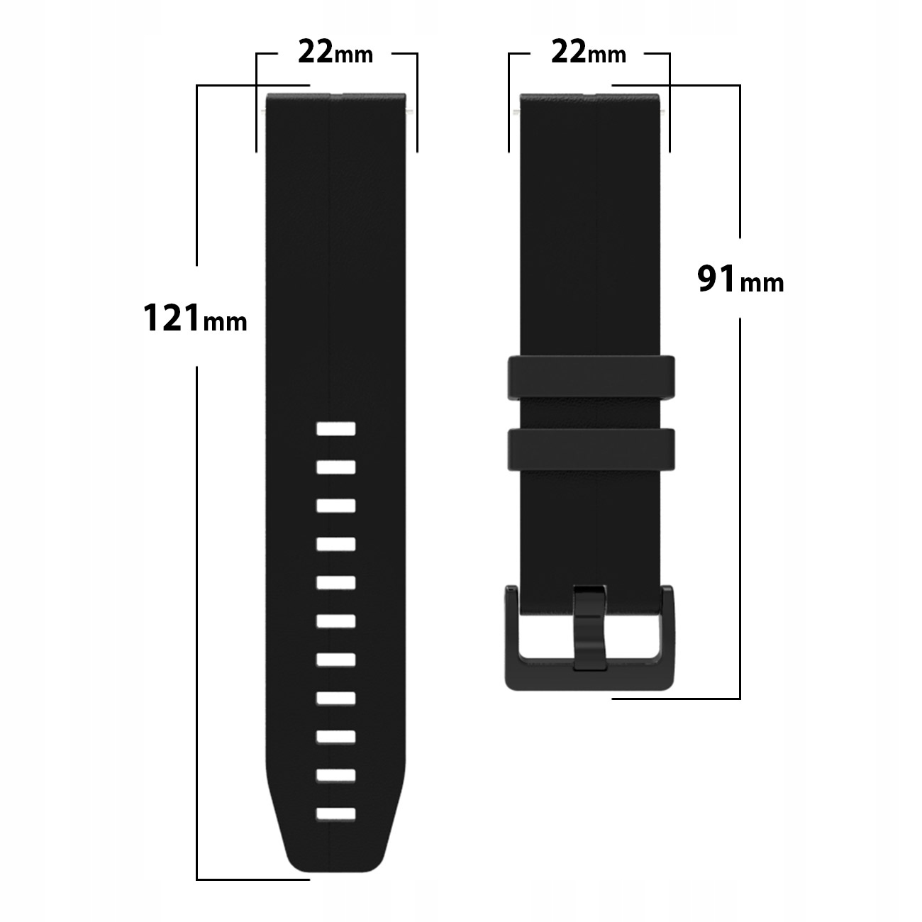 Dwa czarne paski do zegarków o wymiarach: 121mm x 22mm i 91mm x 22mm.