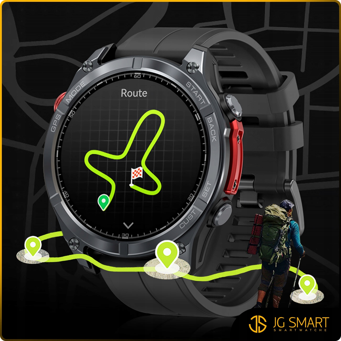 Smartwatch wyświetla trasę z pinezkami. Turysta w tle. Logo JG SMART.
