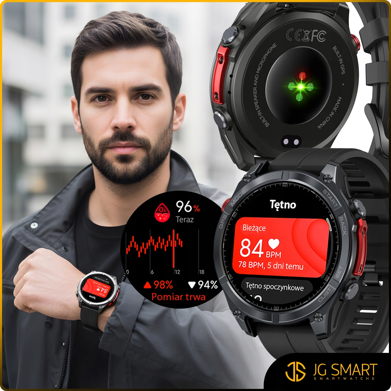 Mężczyzna noszący smartwatch pokazujący tętno. 84 BPM.