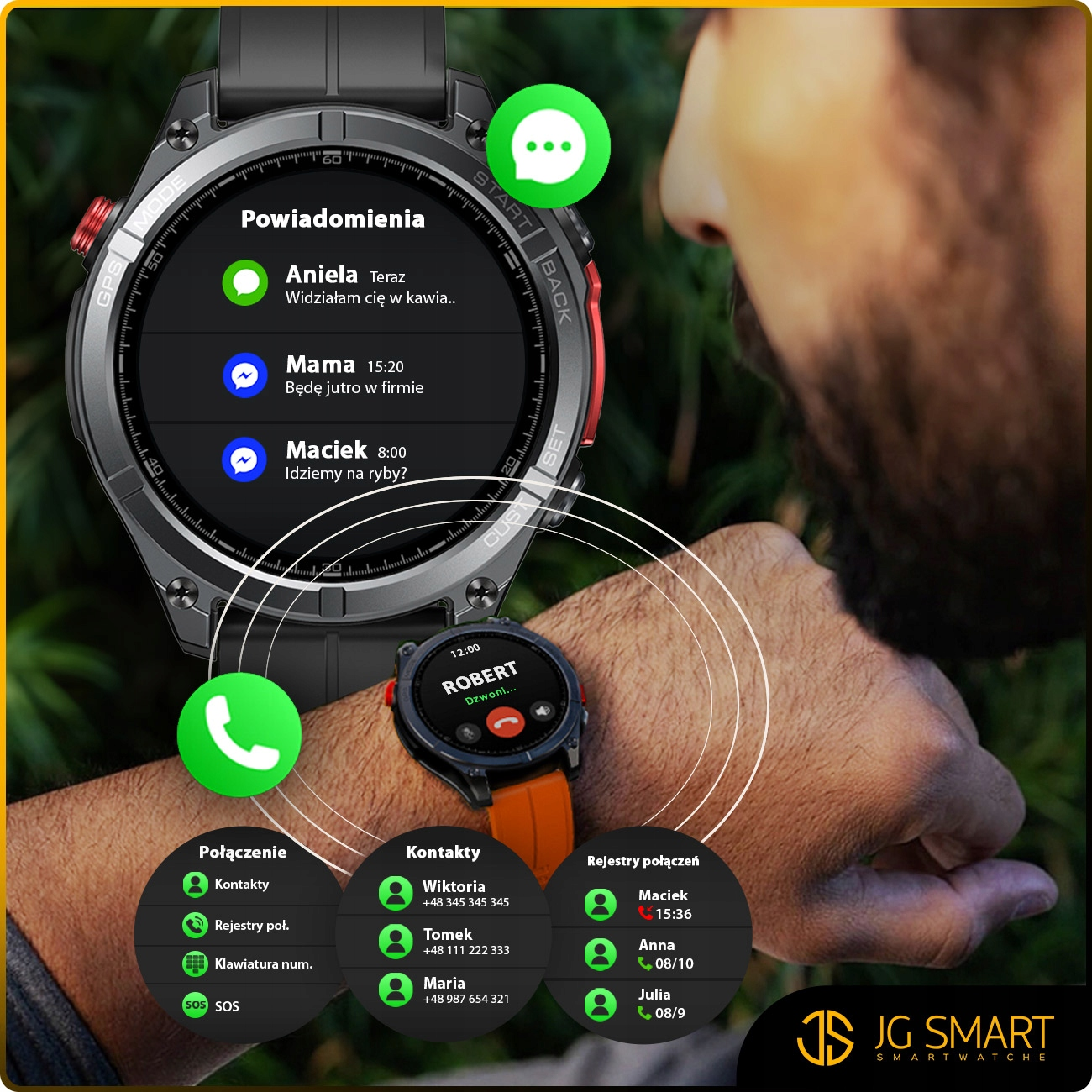 Smartwatch wyświetla powiadomienia i połączenia. W tle widać mężczyznę.