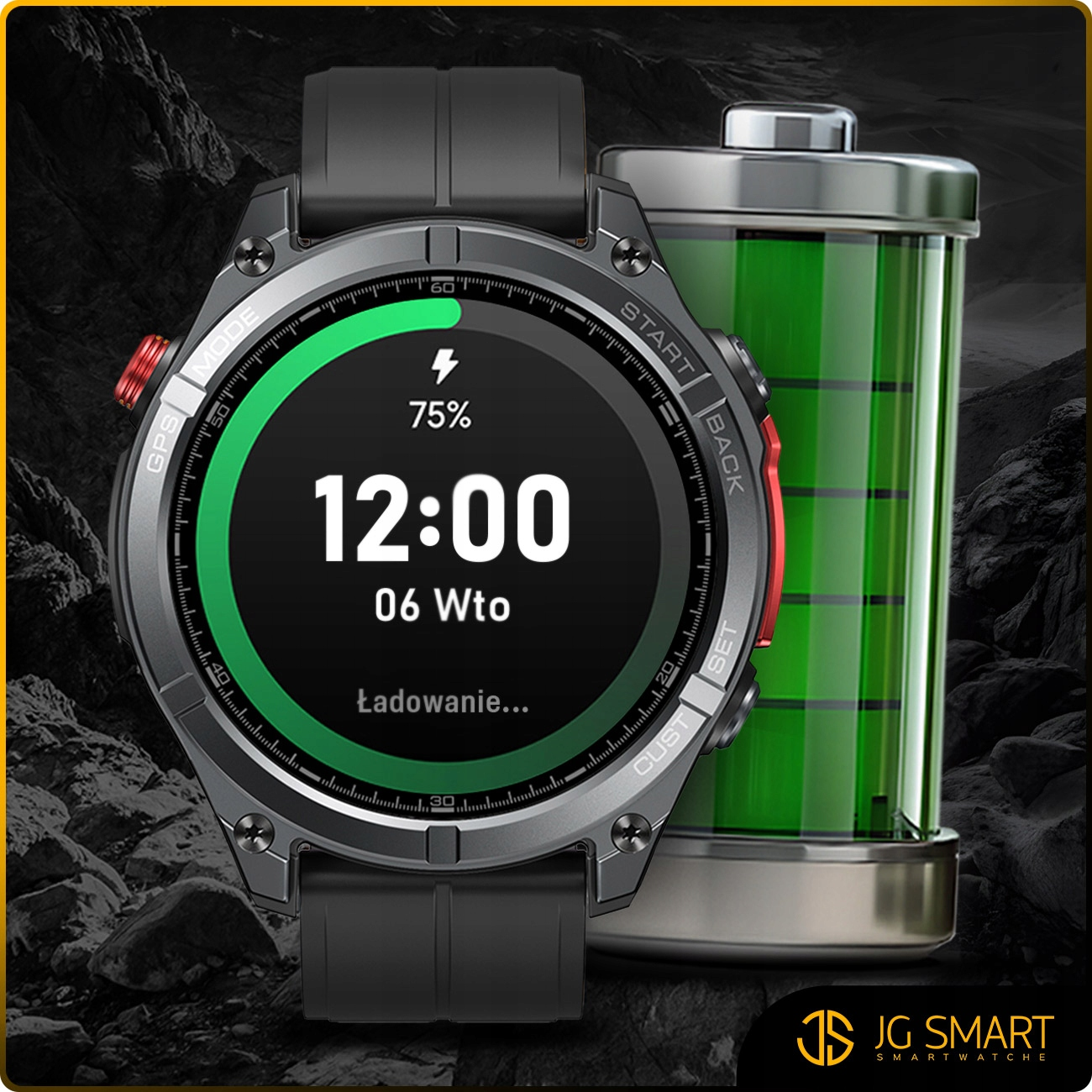 Szary smartwatch z pełnym wskaźnikiem baterii, pokazuje 75%, 12:00.