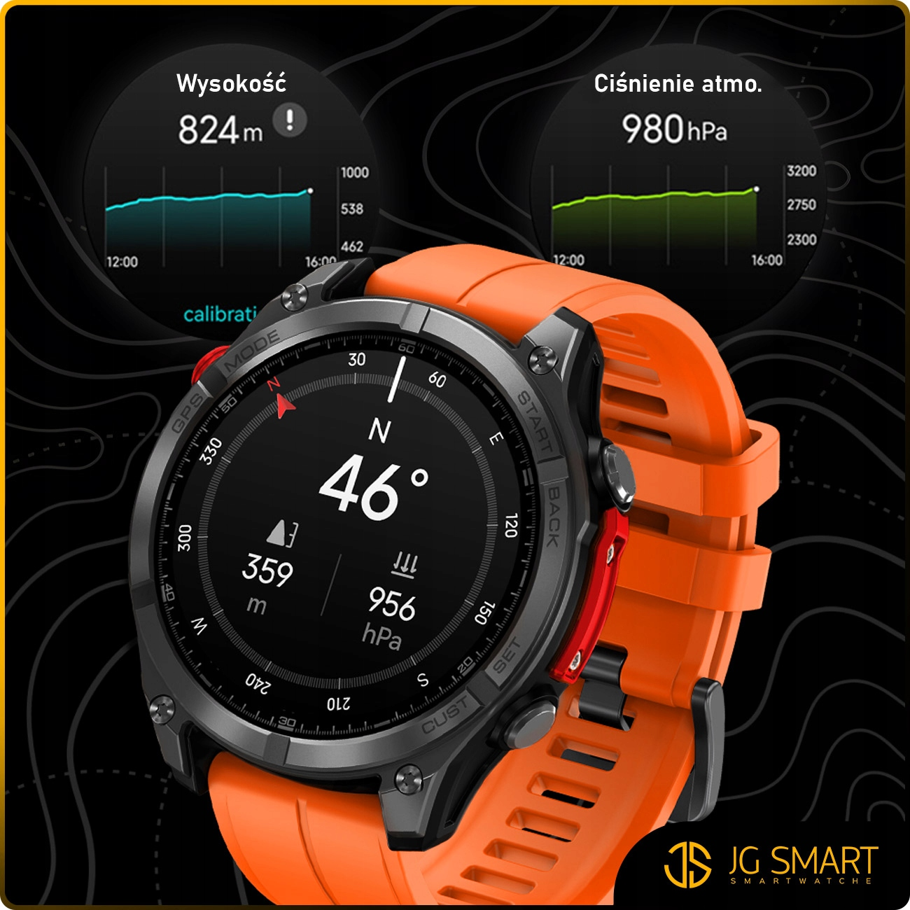 Pomarańczowy smartwatch wyświetlający dane o wysokości, ciśnieniu i kompasie.