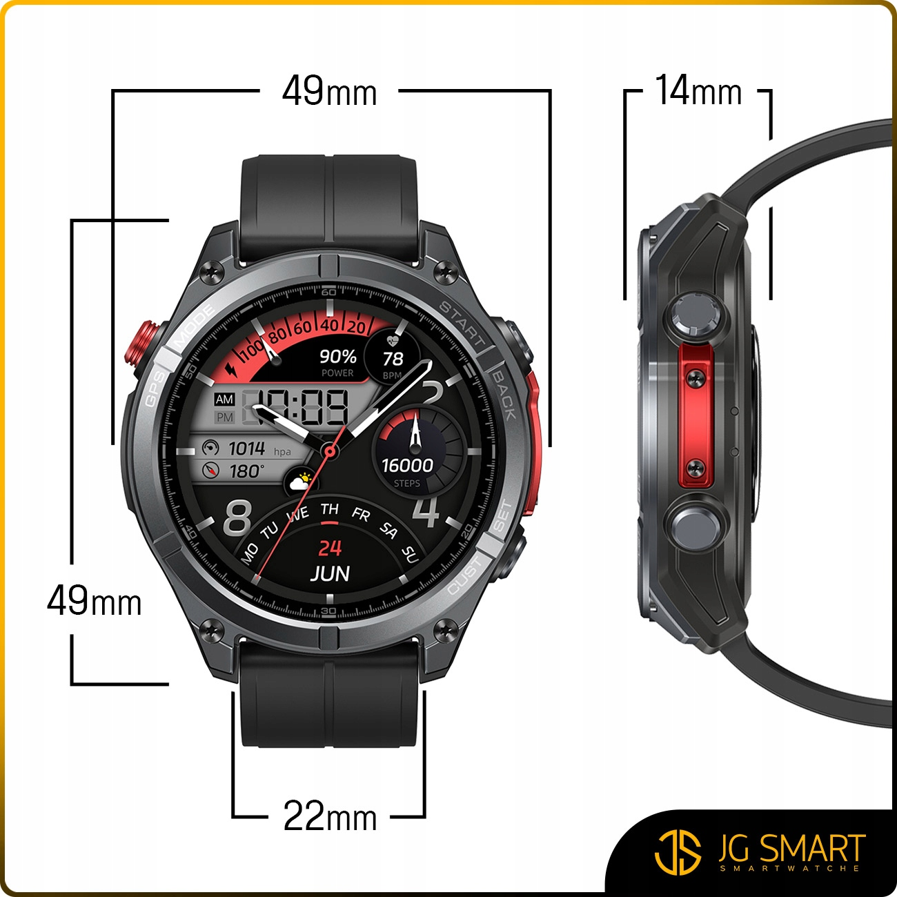 Smartwatch widok z przodu i z boku. Wymiary 49x44mm. Pokazuje czas, kroki, tętno, datę.