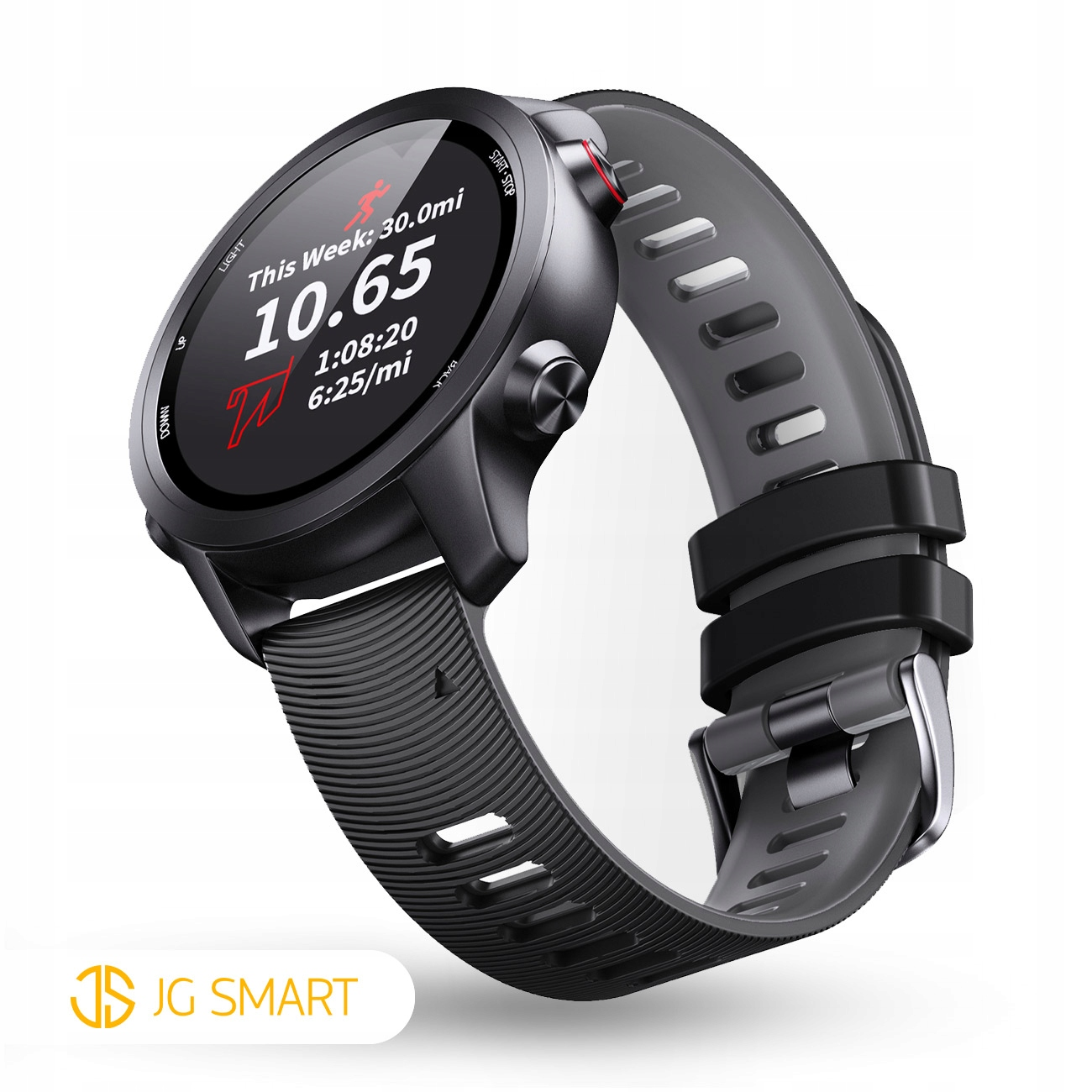 Czarny smartwatch z ciemną opaską i wyświetlaczem pokazującym statystyki biegania.