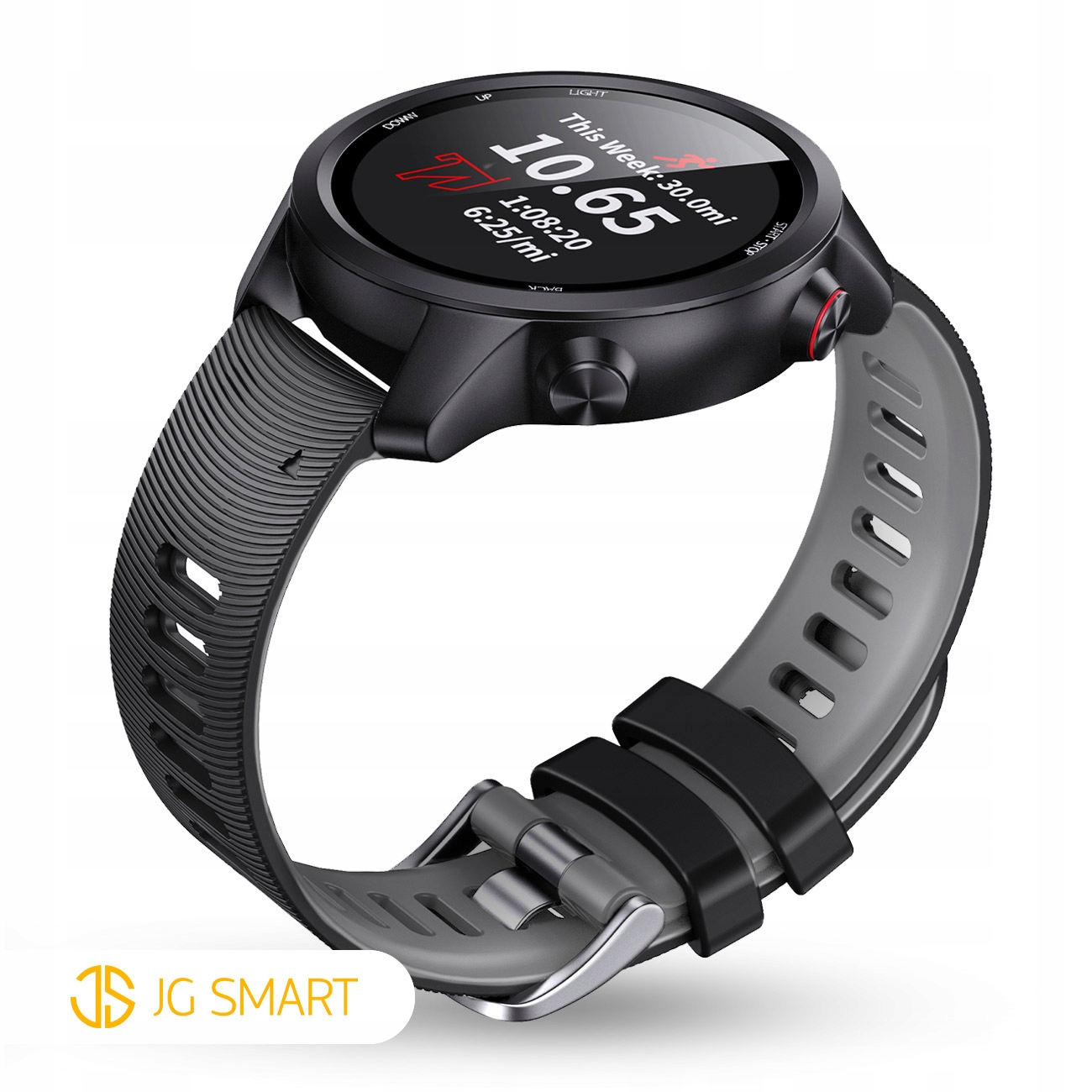 Czarny smartwatch z cyfrowym wyświetlaczem pokazującym dystans, czas i tempo.
