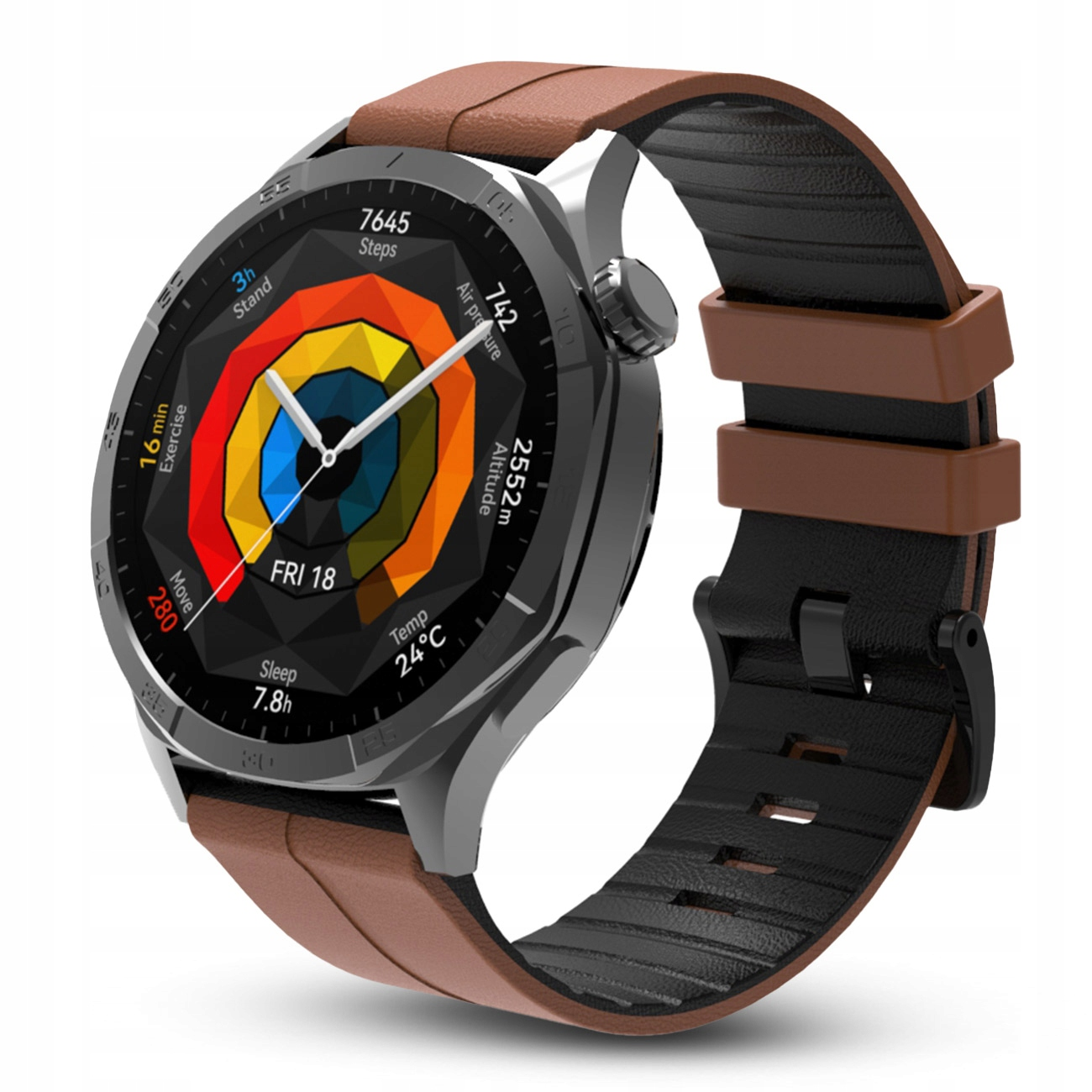 Szary smartwatch z brązową skórzaną bransoletą, pokazujący kroki, ruch, sen, temperaturę.
