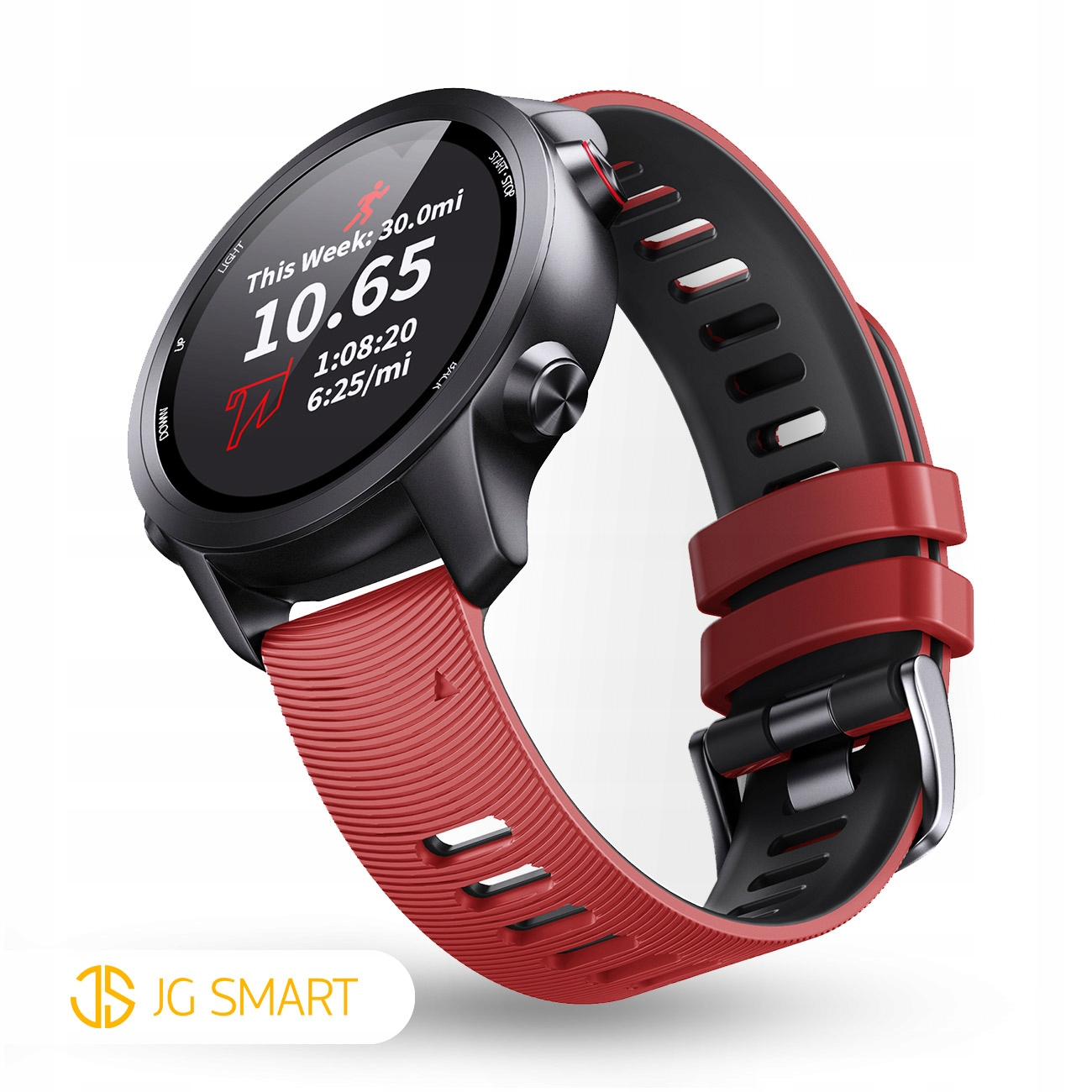 Czarny smartwatch z czerwonym paskiem, wyświetla 10,65 mil i dane treningowe.