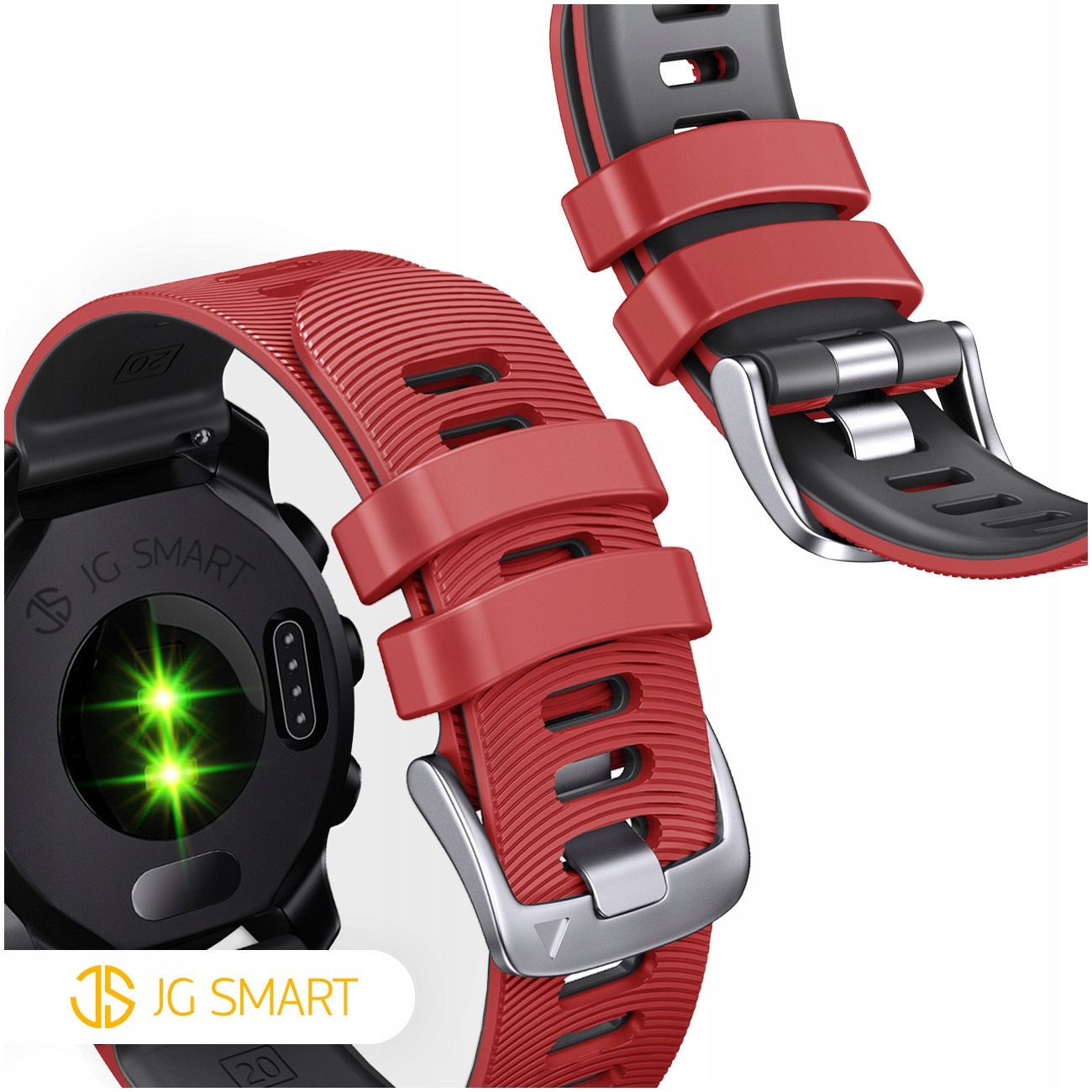 Czerwona opaska smartwatch z czujnikiem tętna i srebrną klamrą.