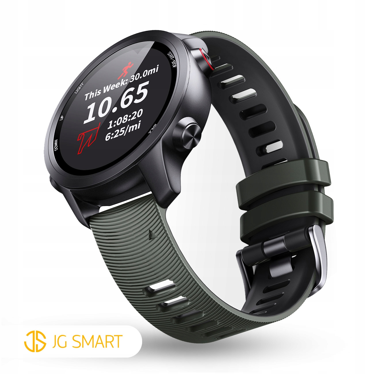 Czarny smartwatch z zielonym paskiem pokazuje 10,65 mil.
