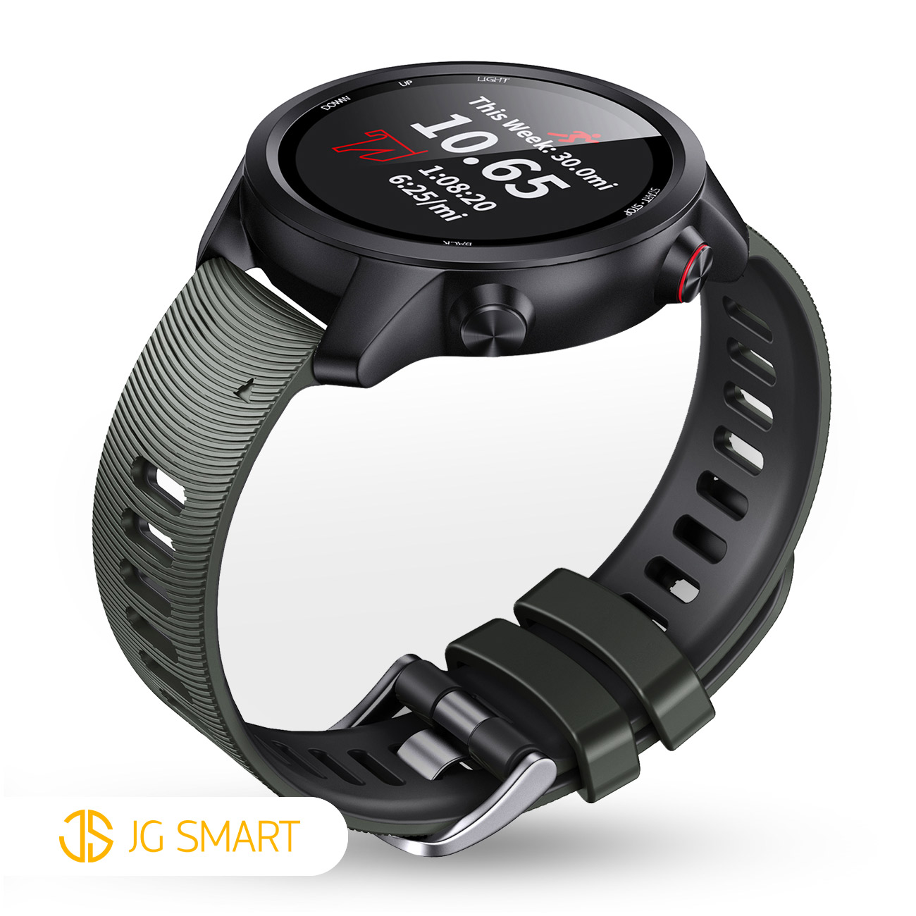 Czarny smartwatch z zielonym paskiem wyświetla dane dotyczące kondycji.