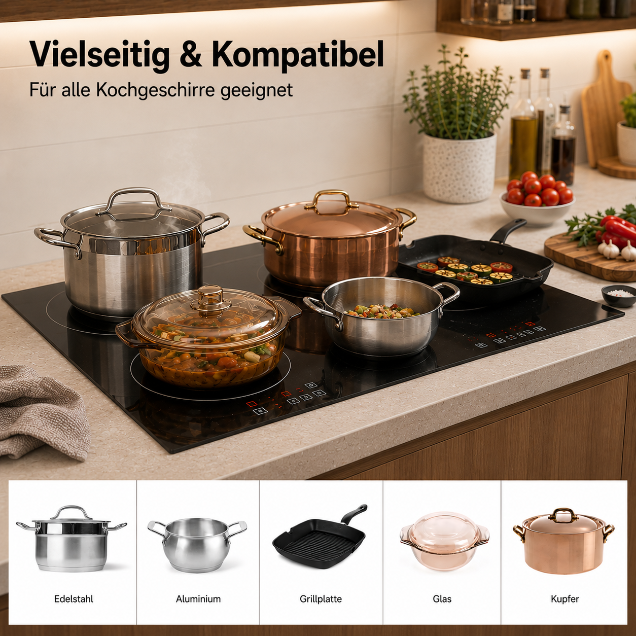 Kochgeschirr aus Edelstahl, Aluminium, Glas und Kupfer auf einem Induktionskochfeld.