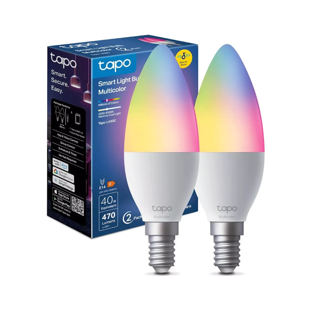 Dos bombillas LED inteligentes Tapo de color rosa a amarillo junto a su caja.