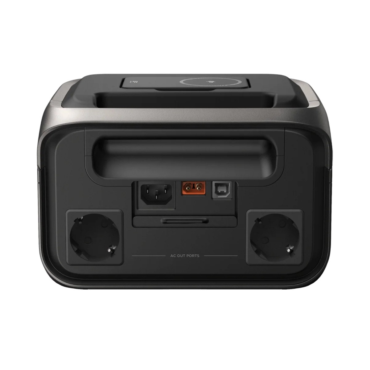Stazione di alimentazione portatile nera con porte di uscita AC e USB.