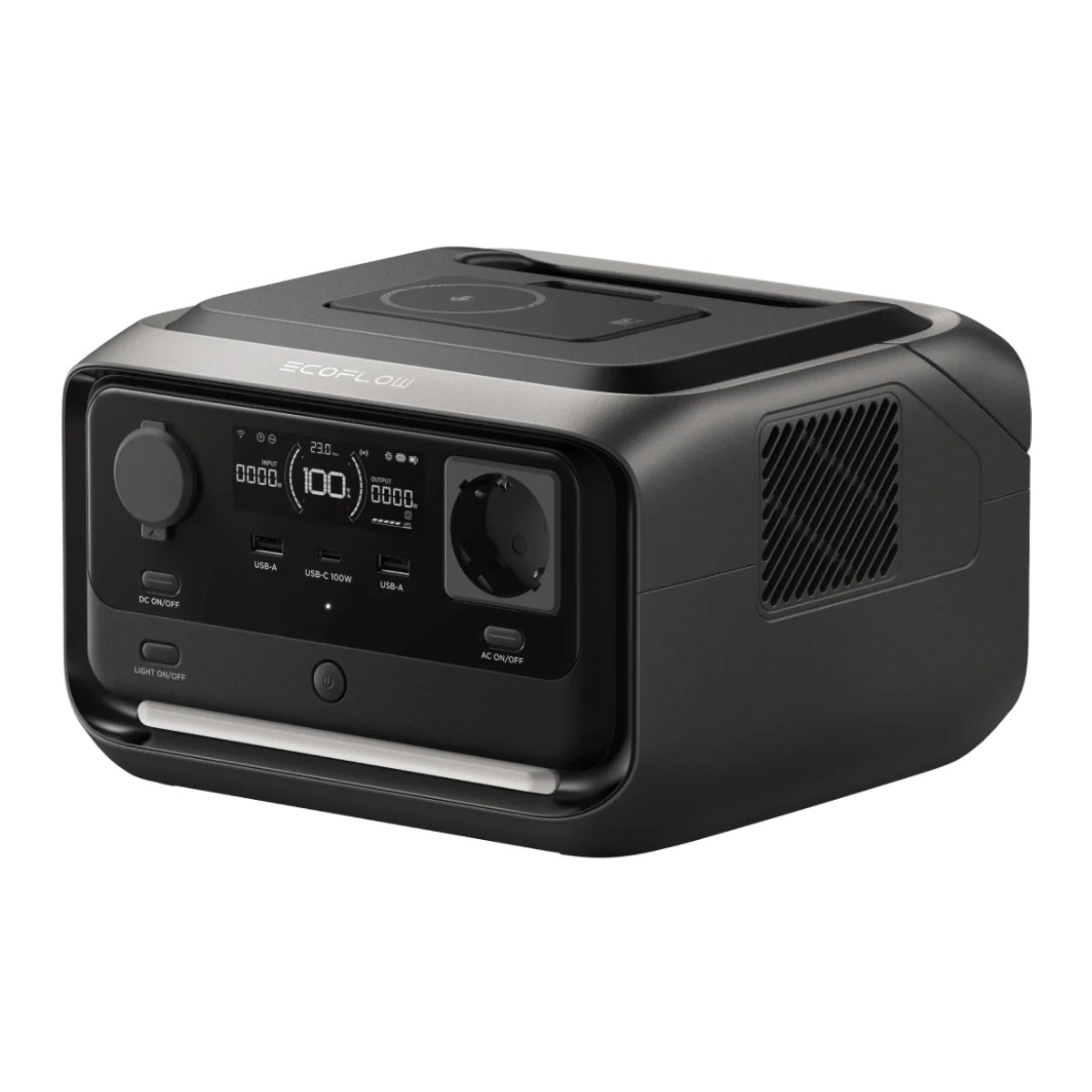 Stazione di alimentazione EcoFlow nera con display di ricarica, USB-A/C e prese.