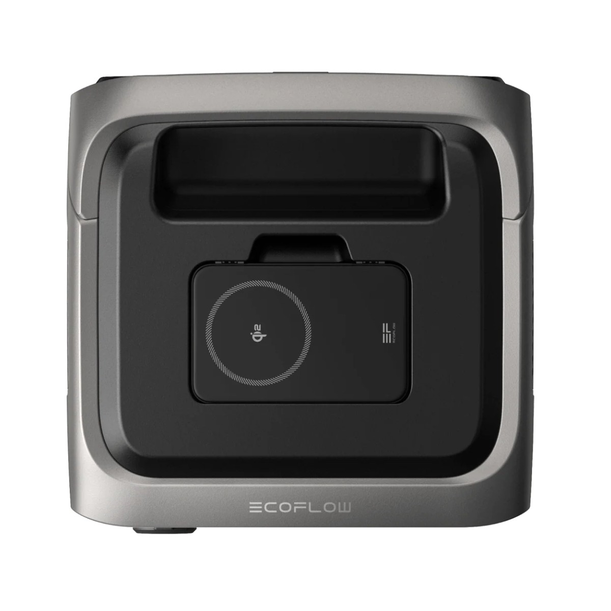 Stazione di alimentazione portatile nera con pad di ricarica wireless Qi.