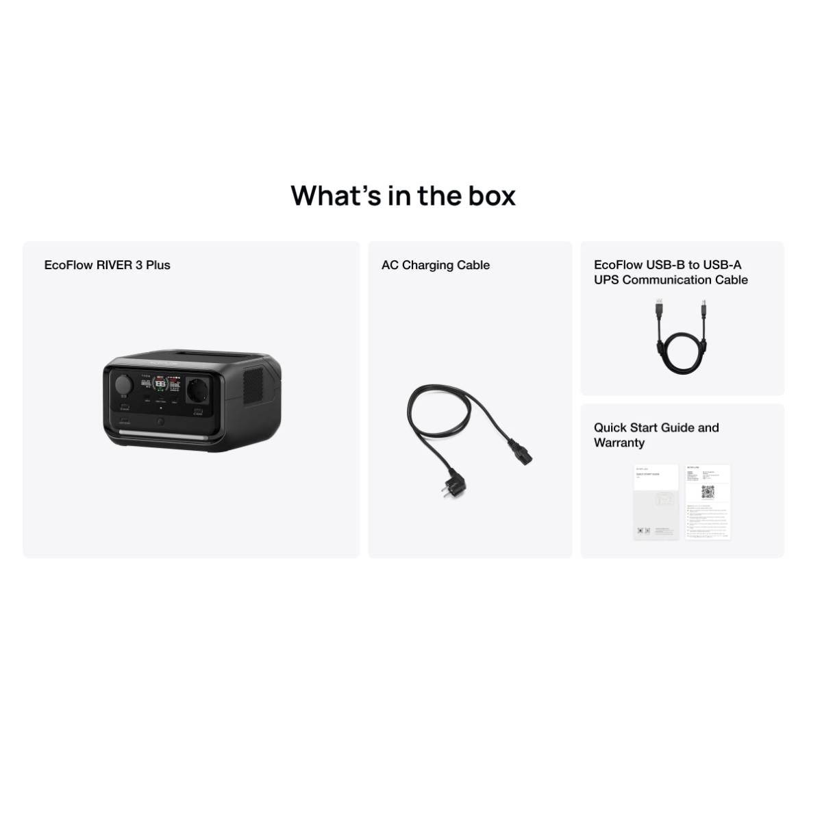 EcoFlow RIVER 3 Plus, cavo CA, cavo USB e guide.