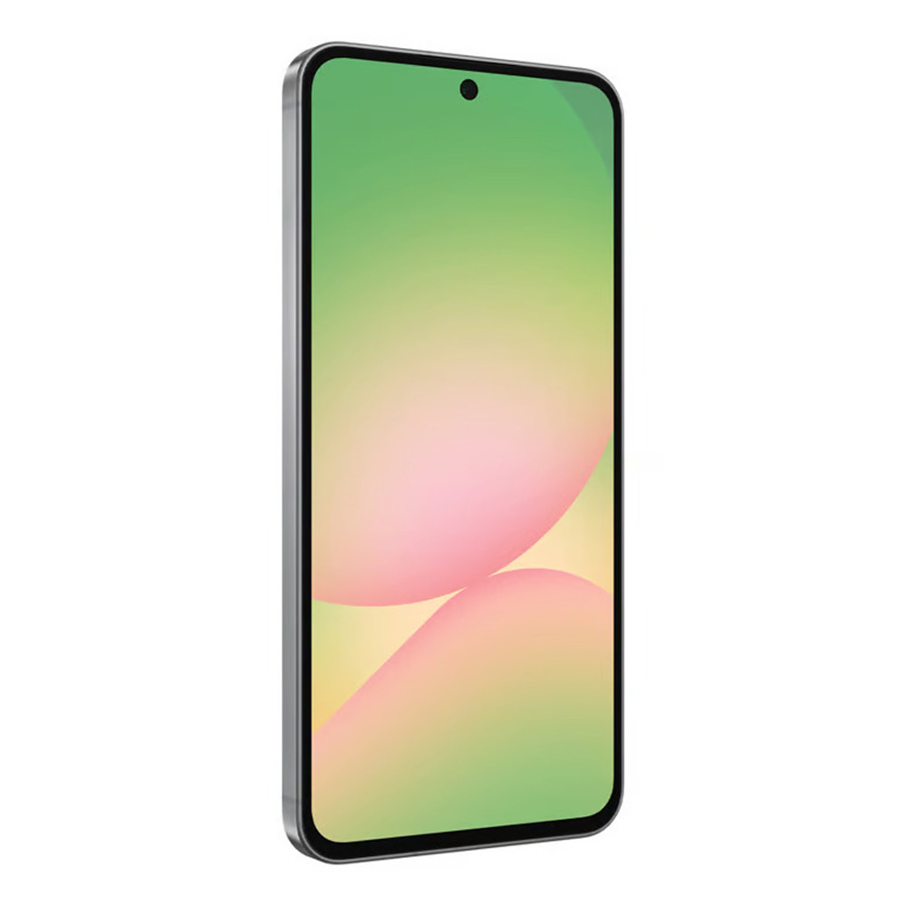 Uno smartphone argentato con schermo a gradiente verde, rosa e giallo.