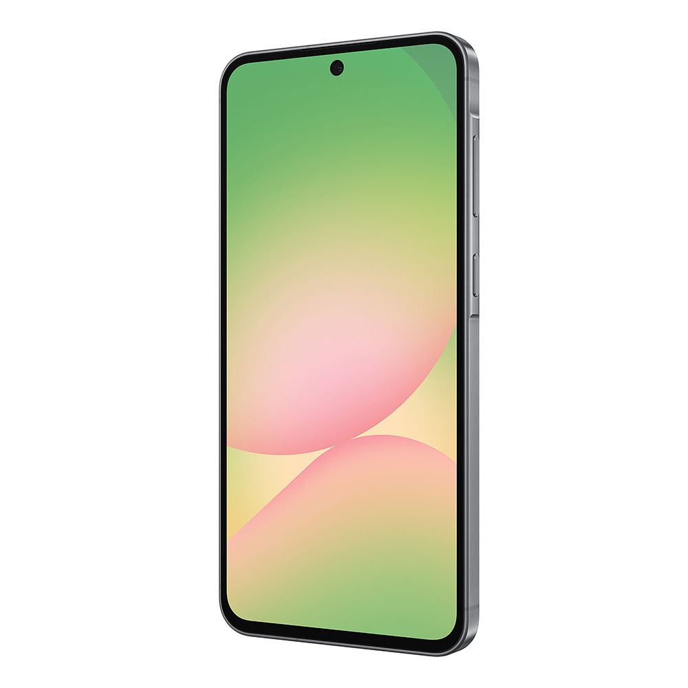 Smartphone grigio con display sfumato, fotocamera in alto.