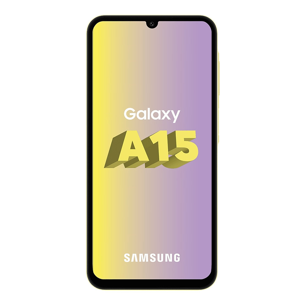 Un telefono Samsung Galaxy A15 con cornice gialla e display sfumato.
