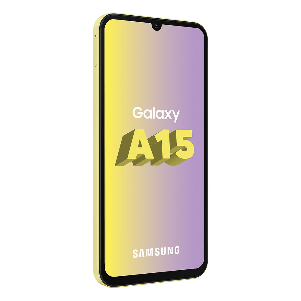 Uno smartphone Samsung Galaxy A15 giallo con schermo sfumato.