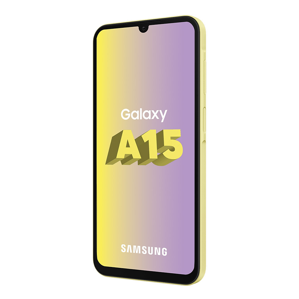 Uno smartphone Samsung Galaxy A15 giallo con display sfumato.