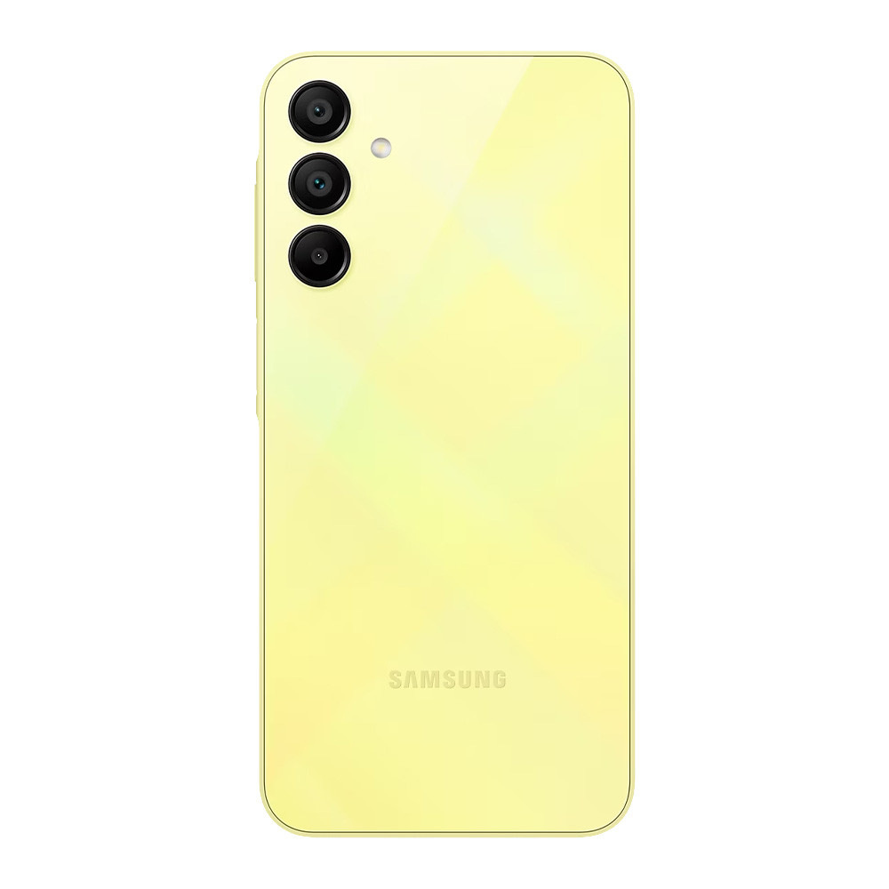 Retro di uno smartphone Samsung giallo con tre fotocamere e logo.