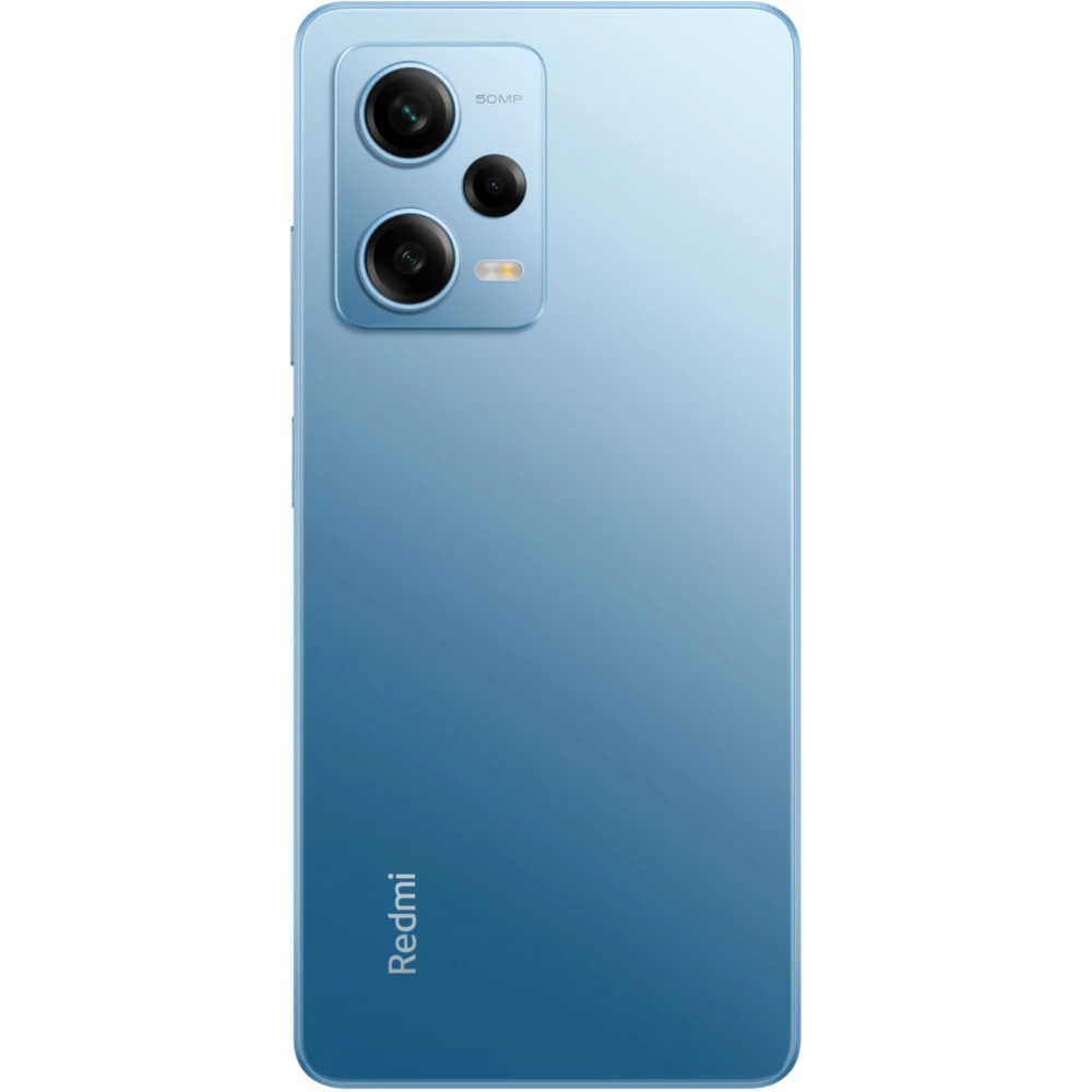 Retro di uno smartphone blu con tre fotocamere e logo Redmi.