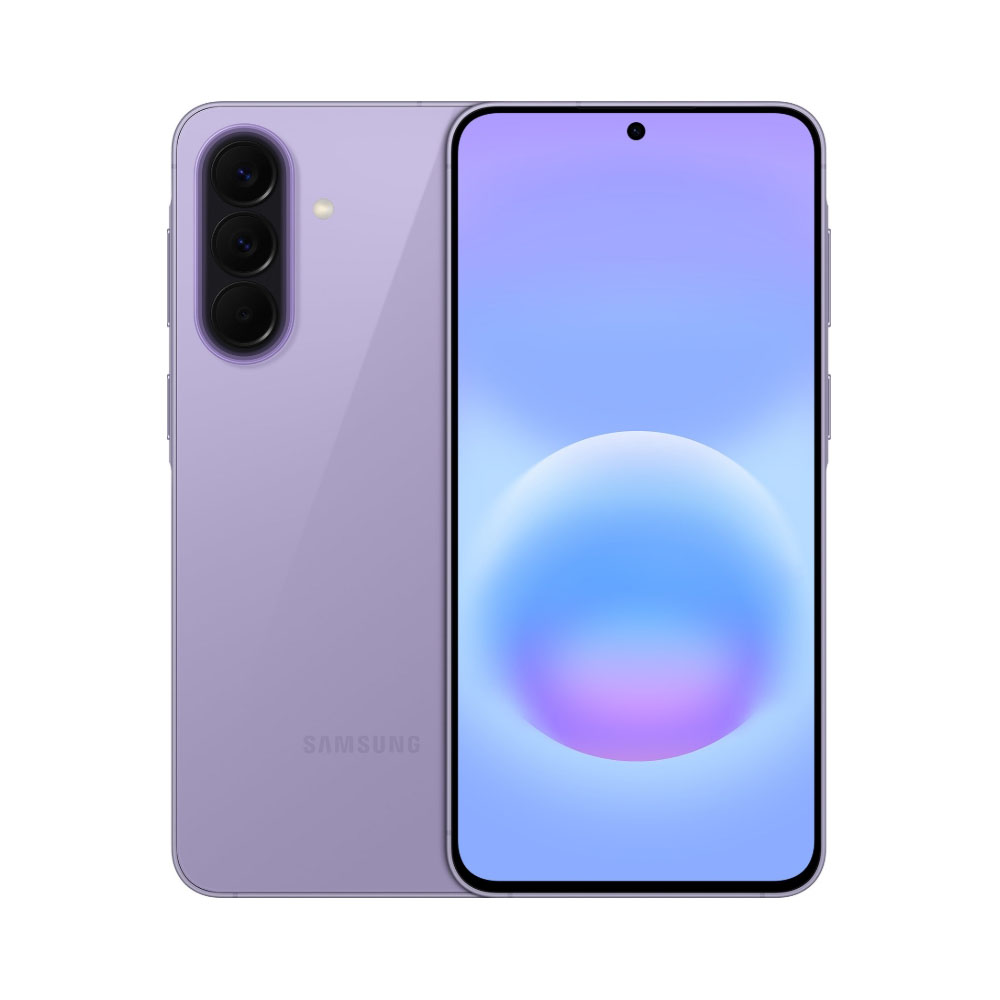 Telefono Samsung viola con tripla fotocamera posteriore e display astratto colorato anteriore.