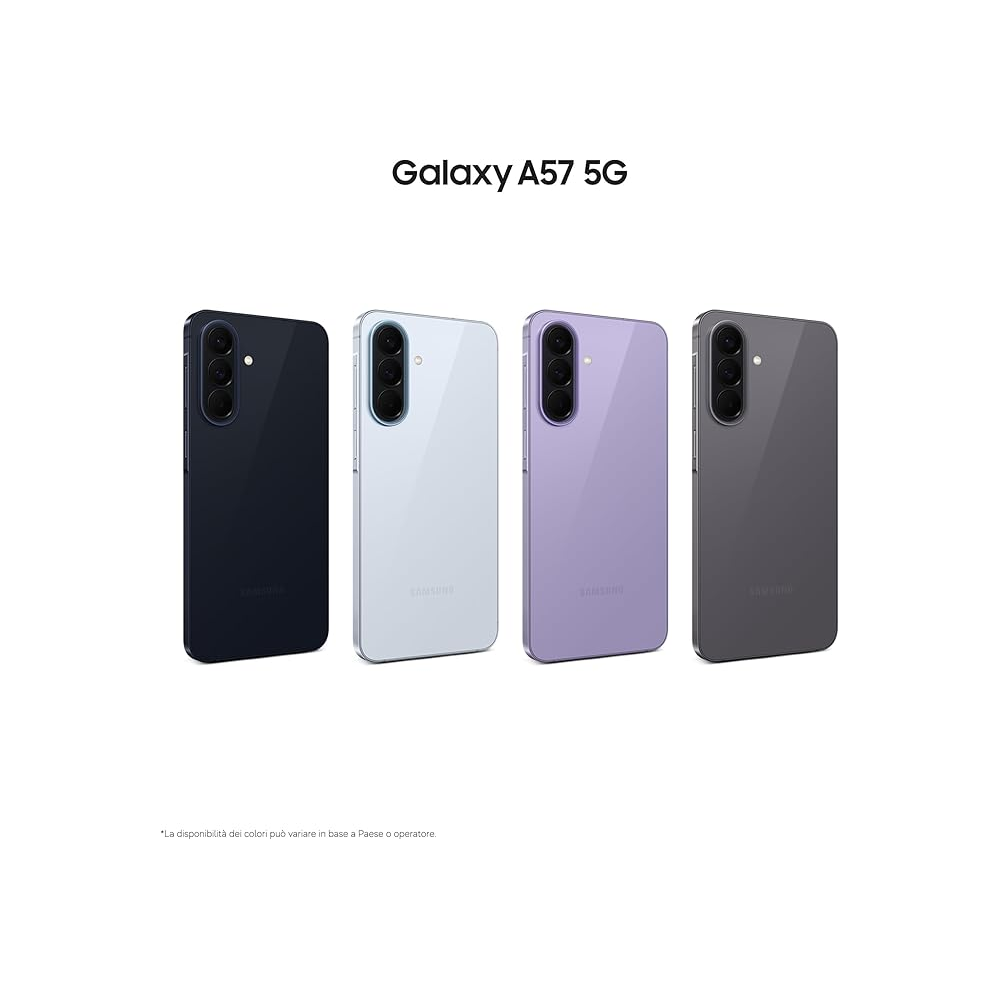 Quattro smartphone Samsung Galaxy A57 5G in diversi colori.