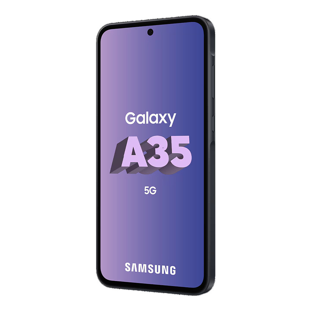 Uno smartphone Samsung Galaxy A35 5G scuro con schermo viola.