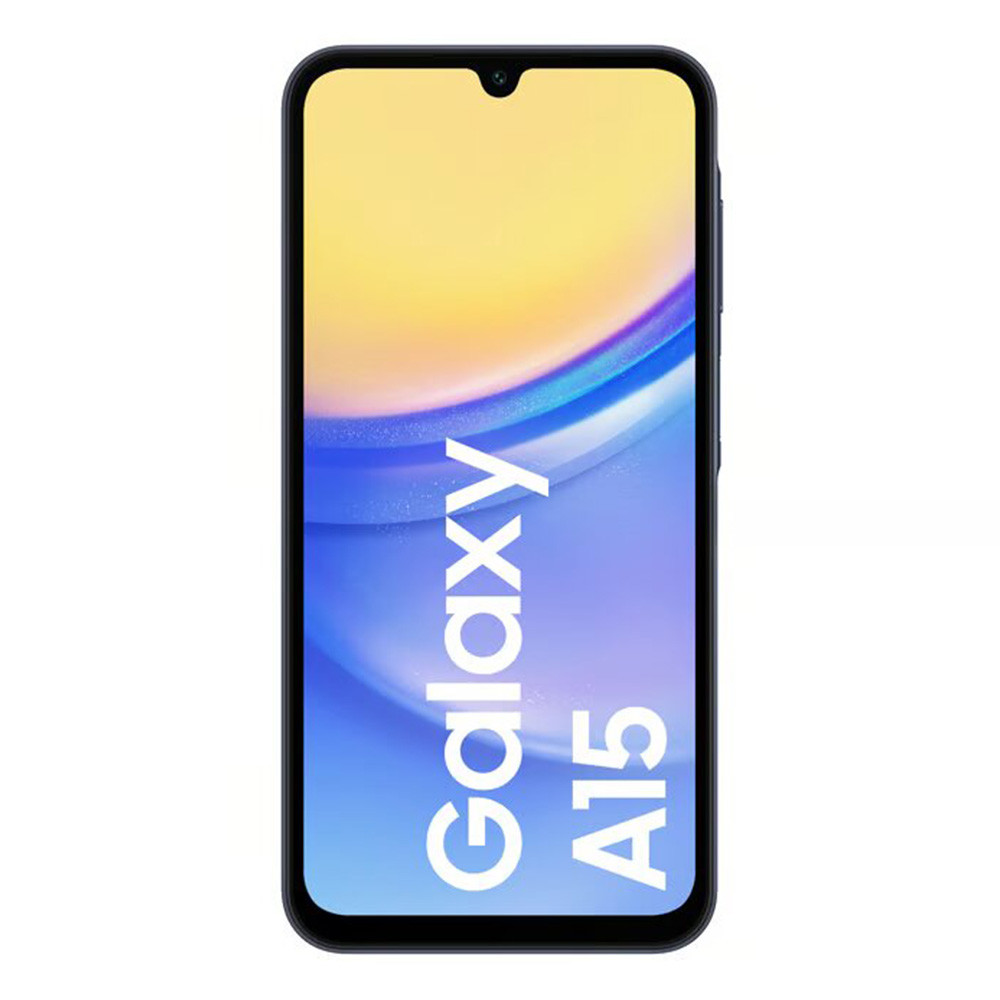 Uno smartphone Samsung Galaxy A15 nero con un motivo a onde sullo schermo.