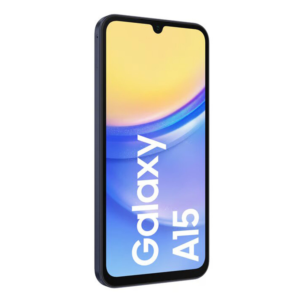 Uno smartphone Samsung Galaxy A15 scuro con motivo a onde sullo schermo.