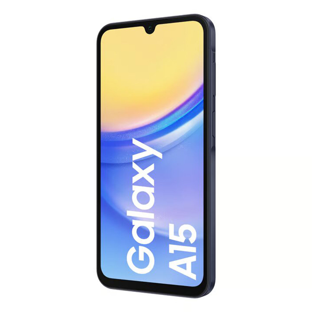 Uno smartphone Samsung Galaxy A15 scuro con motivo a onde sullo schermo.
