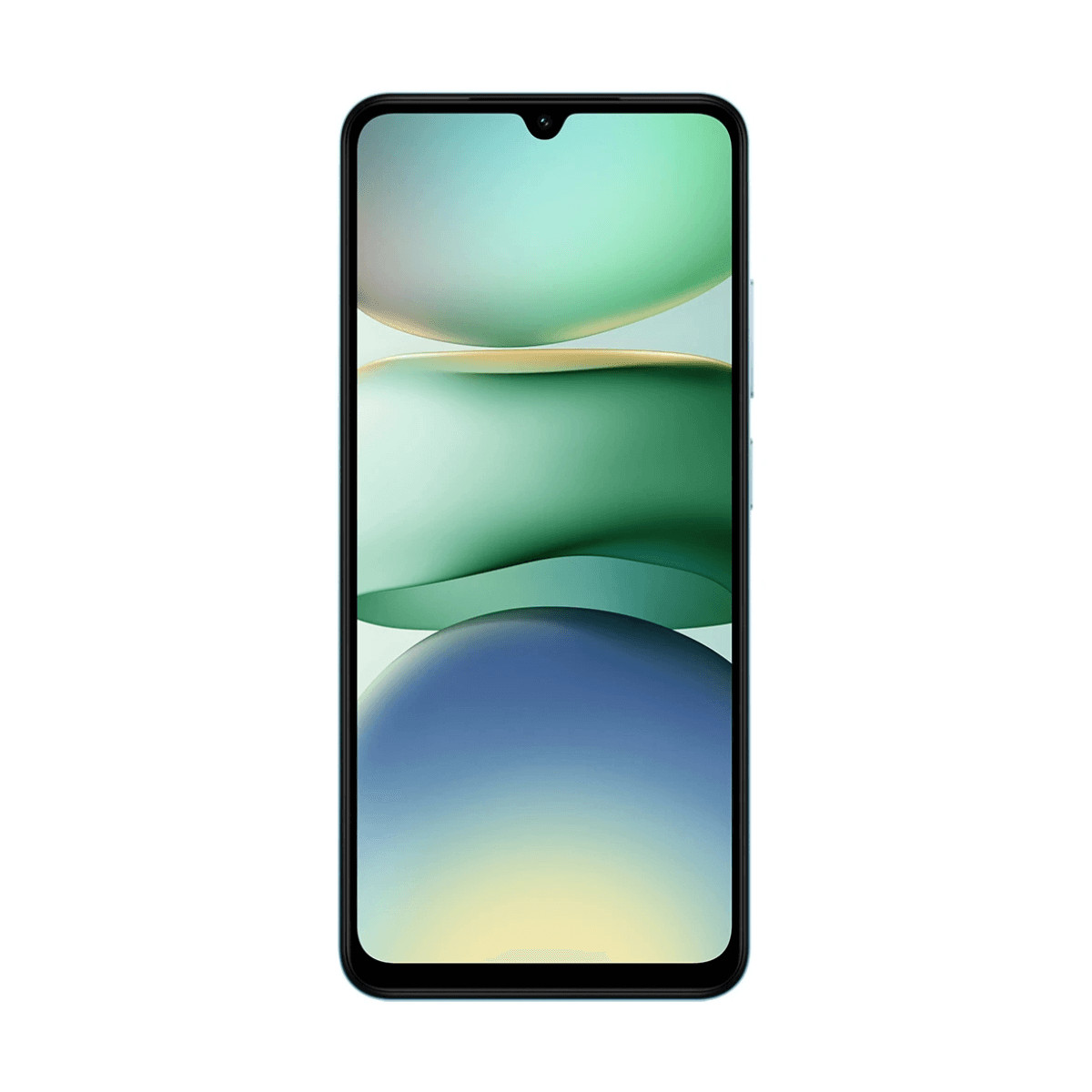 Uno smartphone azzurro con notch a goccia e sfondo colorato. Sfondo bianco.