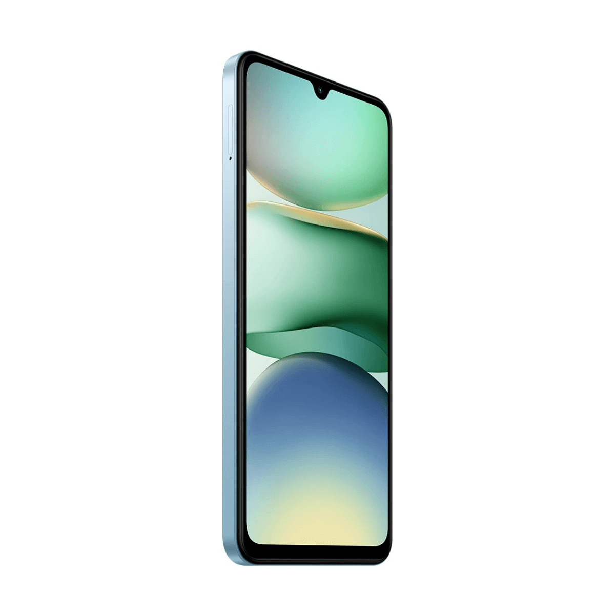 Uno smartphone azzurro con un notch a goccia sullo schermo.