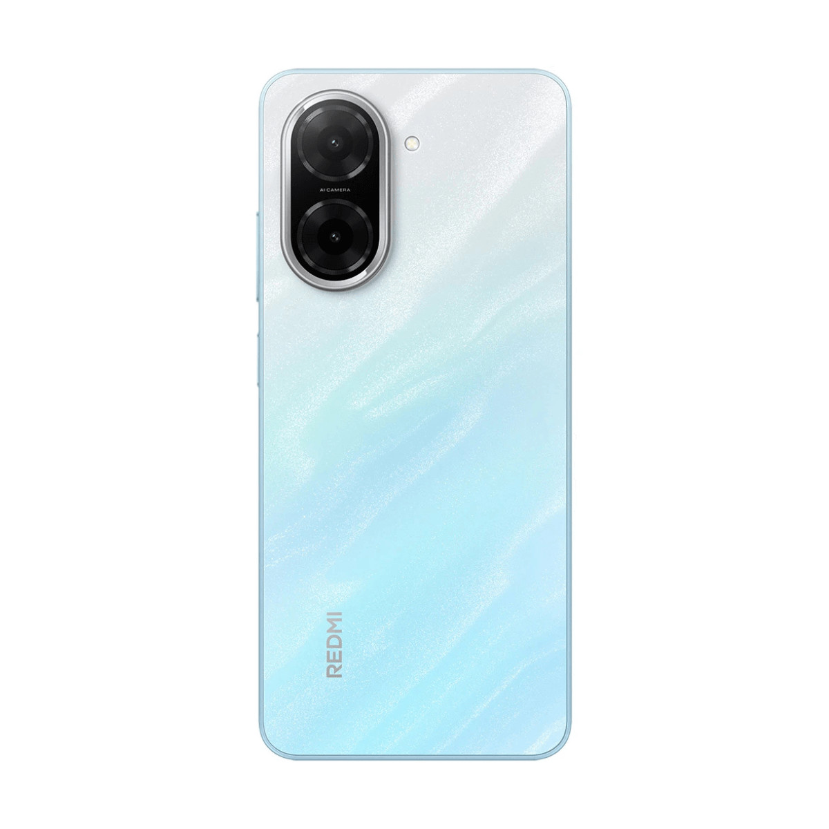 Retro di uno smartphone bianco e azzurro con sistema a doppia lente e logo Redmi.
