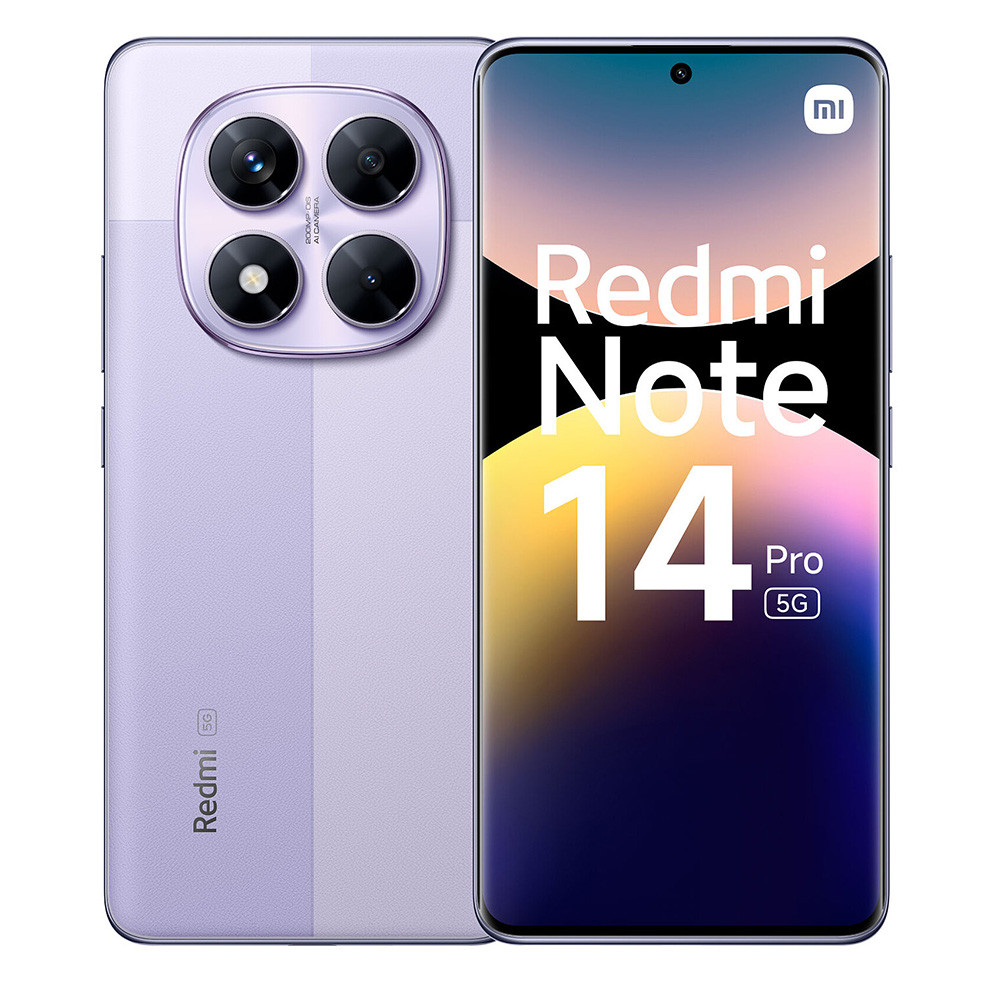 Uno smartphone viola con quattro fotocamere posteriori e pubblicità sullo schermo.
